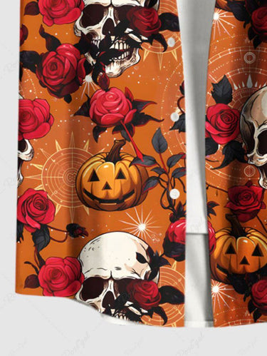 Gothic Plus Size Halloween Pumpkin Skulls Rose Flowers Print Buttons Pocket Shirt For Men