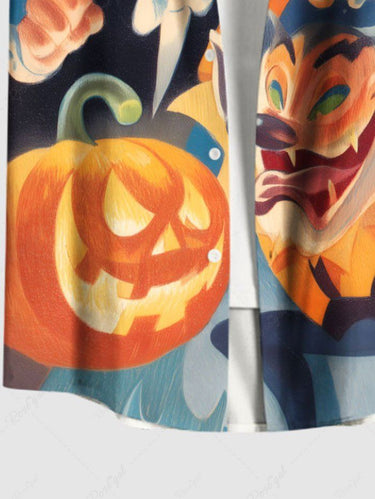 Gothic Plus Size Halloween Pumpkin Monster Print Buttons Pocket Shirt For Men