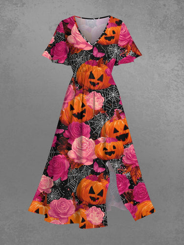 Gothic Plus Size Halloween Pumpkin Spider Web Rose Flowers Print Split Midi Dress