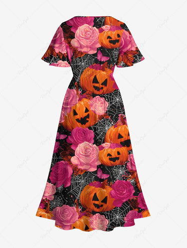 Gothic Plus Size Halloween Pumpkin Spider Web Rose Flowers Print Split Midi Dress