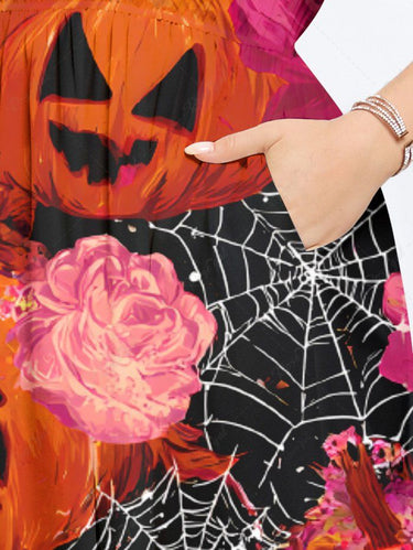 Gothic Plus Size Halloween Pumpkin Spider Web Rose Flowers Print Split Midi Dress