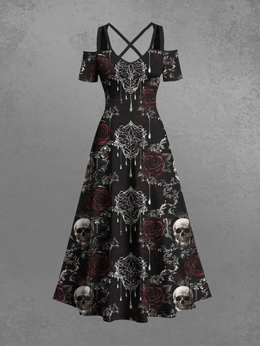 Gothic Plus Size Halloween Skulls Rose Flower Spider Web Print Cold Shoulder Crisscross Maxi Dress