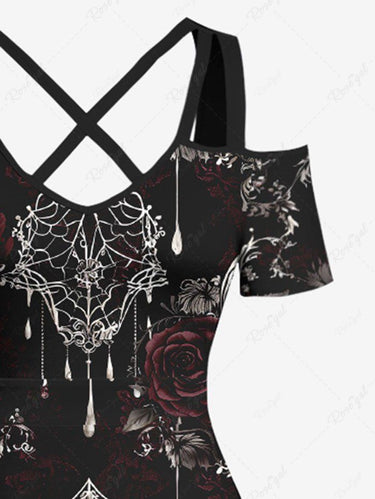 Gothic Plus Size Halloween Skulls Rose Flower Spider Web Print Cold Shoulder Crisscross Maxi Dress
