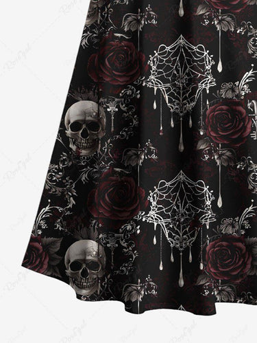 Gothic Plus Size Halloween Skulls Rose Flower Spider Web Print Cold Shoulder Crisscross Maxi Dress