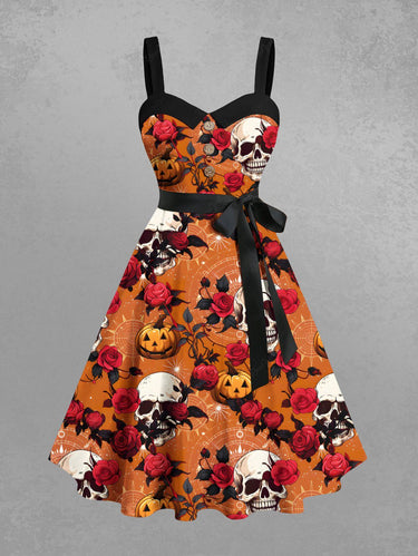 Gothic Plus Size Halloween Pumpkin Skulls Rose Flowers Print Buttons Turn Down Collar Dress With Belt