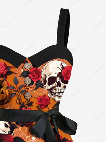 Gothic Plus Size Halloween Pumpkin Skulls Rose Flowers Print Buttons Turn Down Collar Dress With Belt