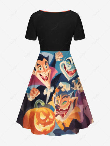 Gothic Plus Size Halloween Pumpkin Monster Print Cinched Dress
