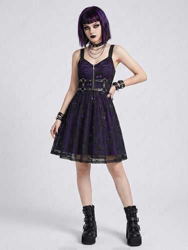 Gothic Skull Fishnet Overlay PU Strap O-Ring Grommet Zipper Layered A Line Dress