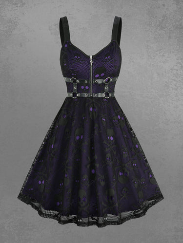 Gothic Skull Fishnet Overlay PU Strap O-Ring Grommet Zipper Layered A Line Dress