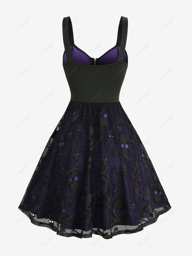 Gothic Skull Fishnet Overlay PU Strap O-Ring Grommet Zipper Layered A Line Dress