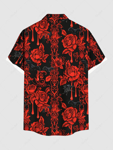 Gothic Plus Size Halloween Rose Flower Blood Drop Spider Web Bat Print Buttons Pocket Shirt For Men