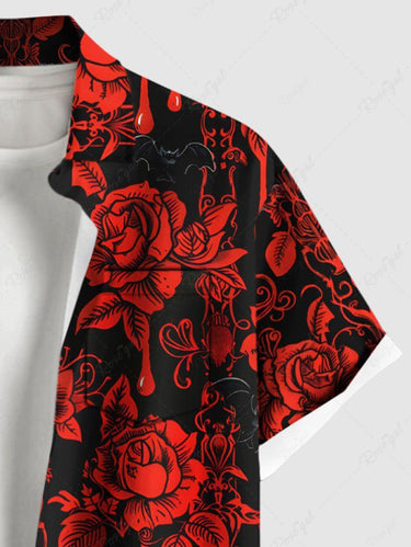 Gothic Plus Size Halloween Rose Flower Blood Drop Spider Web Bat Print Buttons Pocket Shirt For Men