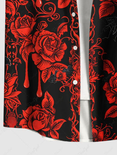 Gothic Plus Size Halloween Rose Flower Blood Drop Spider Web Bat Print Buttons Pocket Shirt For Men