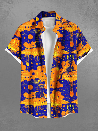 Gothic Plus Size Halloween Cat Snake Merry Go Round Print Buttons Pocket Shirt For Men