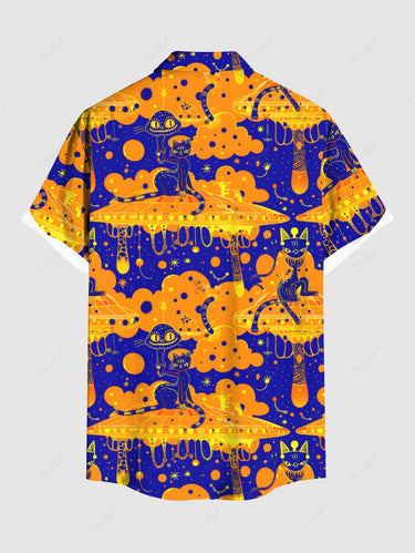 Gothic Plus Size Halloween Cat Snake Merry Go Round Print Buttons Pocket Shirt For Men