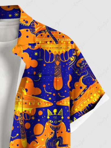 Gothic Plus Size Halloween Cat Snake Merry Go Round Print Buttons Pocket Shirt For Men