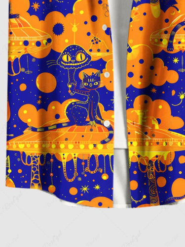 Gothic Plus Size Halloween Cat Snake Merry Go Round Print Buttons Pocket Shirt For Men