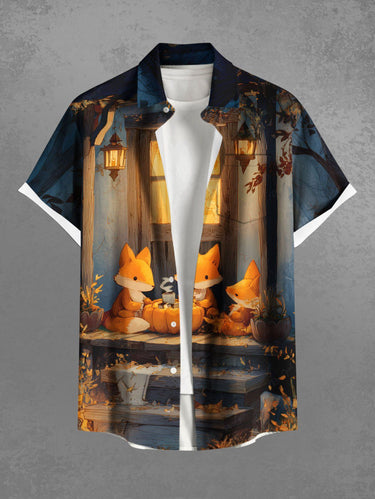 Gothic Plus Size Halloween Pumpkin Fox Lantern Print Buttons Pocket Shirt For Men