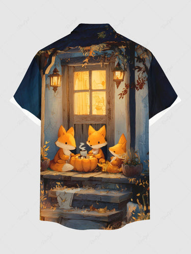 Gothic Plus Size Halloween Pumpkin Fox Lantern Print Buttons Pocket Shirt For Men