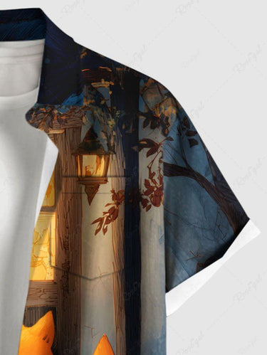 Gothic Plus Size Halloween Pumpkin Fox Lantern Print Buttons Pocket Shirt For Men