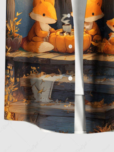 Gothic Plus Size Halloween Pumpkin Fox Lantern Print Buttons Pocket Shirt For Men