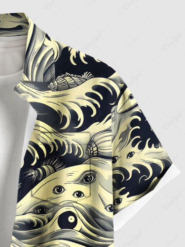 Gothic Plus Size Halloween Sea Waves Eyes Sharks Print Buttons Pocket Shirt For Men