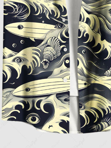Gothic Plus Size Halloween Sea Waves Eyes Sharks Print Buttons Pocket Shirt For Men