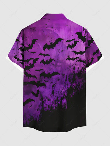 Gothic Plus Size Bat Ombre Paint Splatter Print Buttons Pocket Shirt For Men