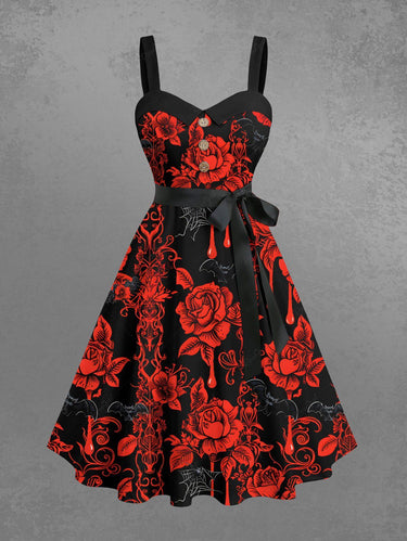 Gothic Plus Size Halloween Rose Flower Blood Drop Spider Web Bat Print Buttons Turn Down Collar Dress With Belt