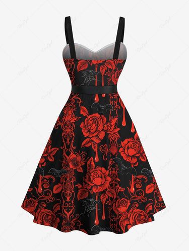 Gothic Plus Size Halloween Rose Flower Blood Drop Spider Web Bat Print Buttons Turn Down Collar Dress With Belt