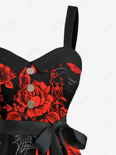 Gothic Plus Size Halloween Rose Flower Blood Drop Spider Web Bat Print Buttons Turn Down Collar Dress With Belt