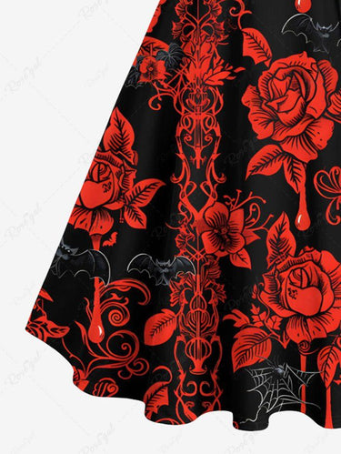 Gothic Plus Size Halloween Rose Flower Blood Drop Spider Web Bat Print Buttons Turn Down Collar Dress With Belt