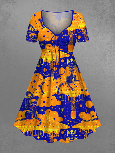Gothic Plus Size Halloween Cat Snake Merry Go Round Print Cinched Dress