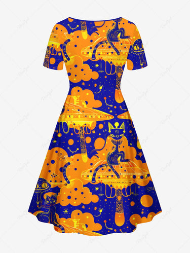 Gothic Plus Size Halloween Cat Snake Merry Go Round Print Cinched Dress