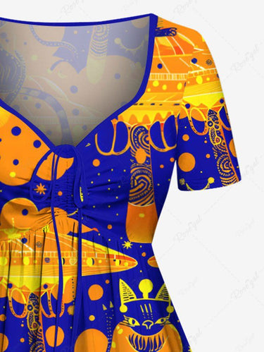 Gothic Plus Size Halloween Cat Snake Merry Go Round Print Cinched Dress