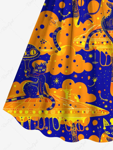 Gothic Plus Size Halloween Cat Snake Merry Go Round Print Cinched Dress