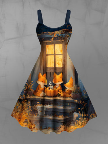 Gothic Plus Size Halloween Pumpkin Fox Lantern Print Tank Dress