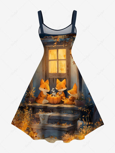 Gothic Plus Size Halloween Pumpkin Fox Lantern Print Tank Dress