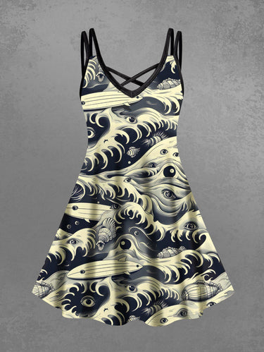 Gothic Plus Size Halloween Sea Waves Eyes Sharks Print Crisscross Cami Dress