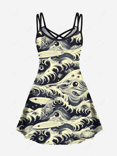 Gothic Plus Size Halloween Sea Waves Eyes Sharks Print Crisscross Cami Dress