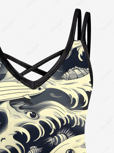 Gothic Plus Size Halloween Sea Waves Eyes Sharks Print Crisscross Cami Dress