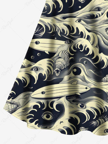 Gothic Plus Size Halloween Sea Waves Eyes Sharks Print Crisscross Cami Dress
