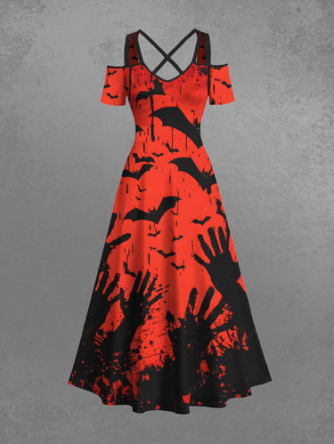 Gothic Plus Size Halloween Bat Hands Paint Splatter Print Cold Shoulder Crisscross Maxi Dress