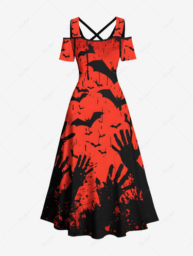 Gothic Plus Size Halloween Bat Hands Paint Splatter Print Cold Shoulder Crisscross Maxi Dress