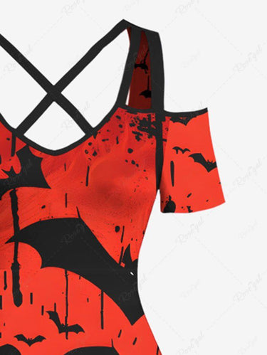 Gothic Plus Size Halloween Bat Hands Paint Splatter Print Cold Shoulder Crisscross Maxi Dress