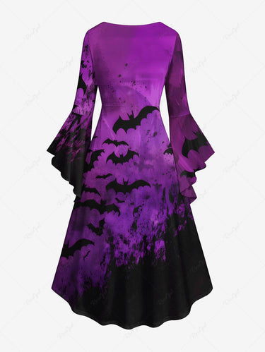 Gothic Plus Size Bat Ombre Paint Splatter Print Ruched Flare Sleeves High Low Dress