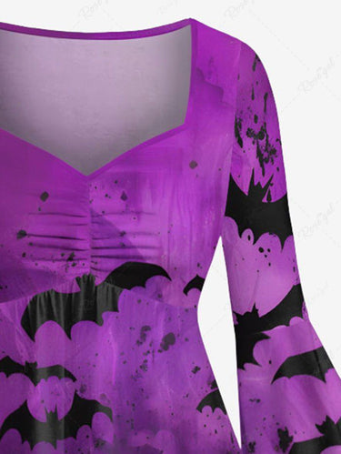 Gothic Plus Size Bat Ombre Paint Splatter Print Ruched Flare Sleeves High Low Dress