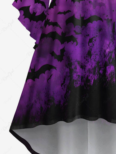 Gothic Plus Size Bat Ombre Paint Splatter Print Ruched Flare Sleeves High Low Dress