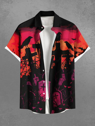 Gothic Plus Size Halloween Cross Tomb Crow Ombre Print Buttons Pocket Shirt For Men