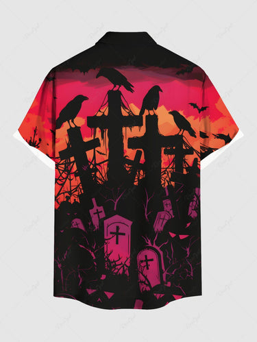 Gothic Plus Size Halloween Cross Tomb Crow Ombre Print Buttons Pocket Shirt For Men